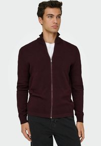 Burgundska zip-up jopica z teksturirano telo, rebrastimi manšetami in ovratnikom. Kombinirana z belim T-shirtom in črnimi hlačami.