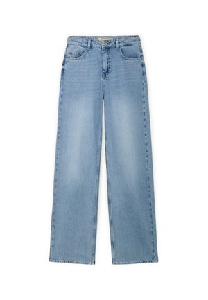 Jeans denim dritti color azzurro chiaro con tasche anteriori e posteriori, passanti per cintura e chiusura con bottone in vita.