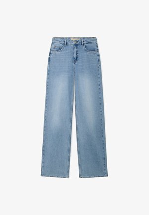 Jeans denim dritti color azzurro chiaro con tasche anteriori e posteriori, passanti per cintura e chiusura con bottone in vita.