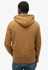 Felpa con cappuccio in cotone marrone, dal fit rilassato, con polsini e orlo a costine. Presenta un ampio cappuccio e una texture liscia.