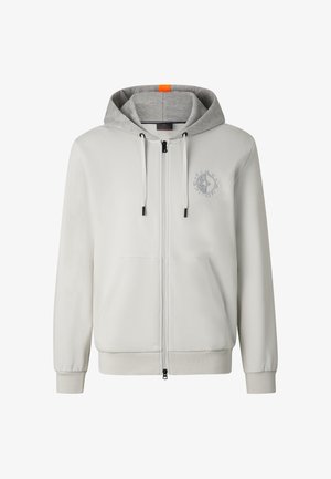 Light gray zip-up hoodie with a darker gray hood lining, front pockets, black drawstring tips, and a subtle logo on the left chest.
