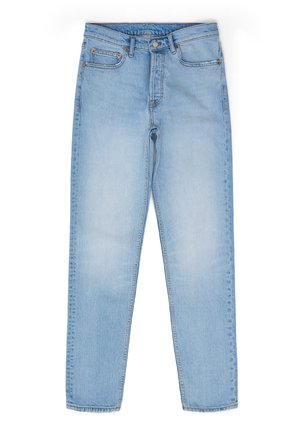 Light blue denim jeans, straight-leg design, five pockets, metal button closure, and subtle fading across the fabric. Standard waist height.