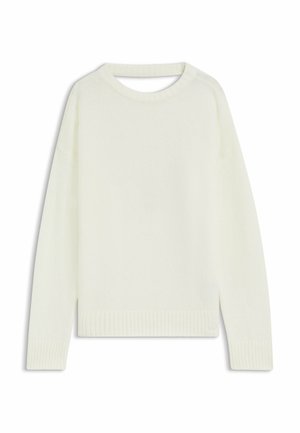 Maglione color crema chiaro con collo tondo, maniche lunghe, orlo a costine e una consistenza morbida. Nessun motivo o dettagli hardware visibili.