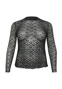 Schwarzes Spitzenoberteil mit langen Ärmeln, floralen Mustern, rundem Halsausschnitt und gewelltem Saum. Durchscheinender Stoff mit strukturierten Details.