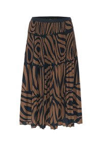 Plisserad midi kjol med bruna och svarta abstrakta zebra-randmönster, med elastisk midja och flödande tyg.