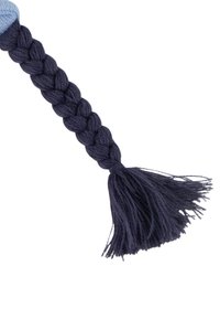 Corda intrecciata di colore blu navy con una finitura testurizzata, caratterizzata da una frangia all'estremità e una sezione liscia che si trasforma in blu chiaro nella parte superiore.