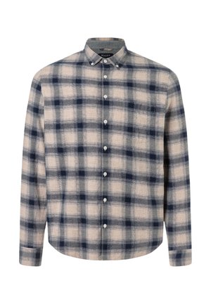 Koszula z długim rękawem na guziki w granatowo-beżową kratę, z kołnierzykiem na guziki i pojedynczą kieszenią na piersi.