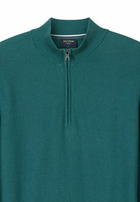 Turquoise pullover trui met kwart ritssluiting, gestructureerde breiwerk, geribbelde kraag en een zilveren rits. Heeft een gestreepte detail aan de binnenkant van de kraag.