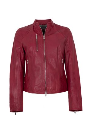 Rote Lederjacke mit hohem Kragen, Reißverschluss vorne und zwei Seitentaschen. Verfügt über Schulterdetails und eine glatte Textur.