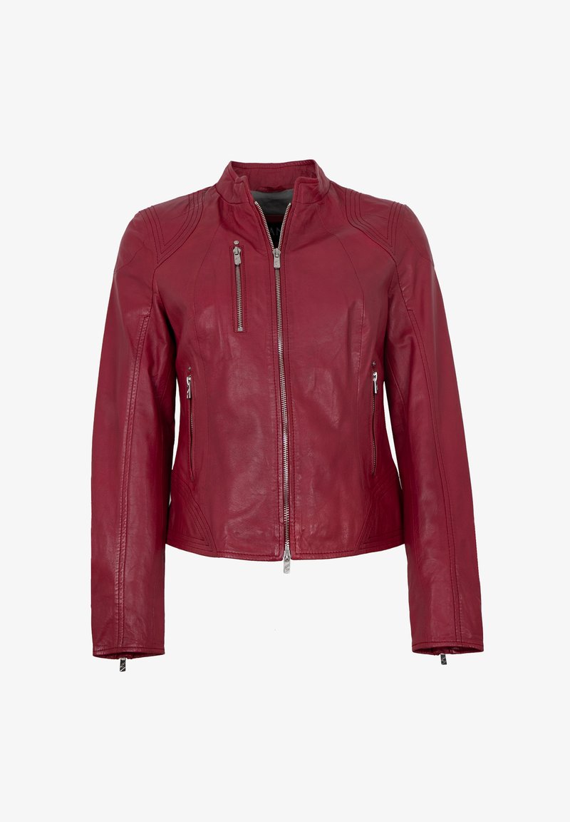 Rote Lederjacke mit hohem Kragen, Reißverschluss vorne und zwei Seitentaschen. Verfügt über Schulterdetails und eine glatte Textur.