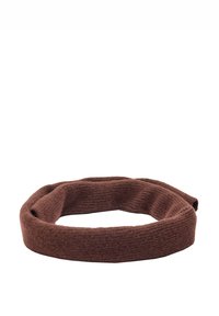 Brązowa, prążkowana dzianinowa opaska na głowę o okrągłym kształcie, wykonana z miękkiego materiału; charakteryzuje się fakturowaną powierzchnią i bezszwową konstrukcją.