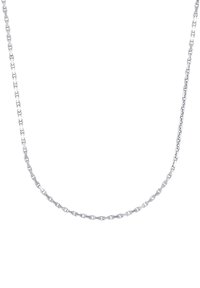 Srebrny naszyjnik na łańcuszku z małymi, połączonymi owalnymi ogniwami. Łańcuszek ma polerowane wykończenie oraz prosty, minimalistyczny design.