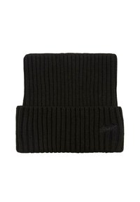 Zwarte gebreide beanie met een geribbelde textuur en opgerolde rand, voorzien van een subtiele geborduurde logo aan de zijkant.