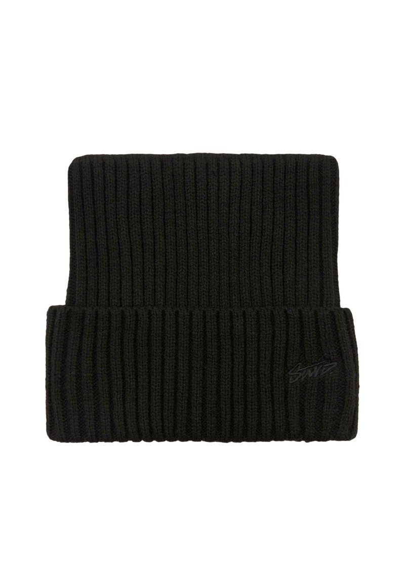 Zwarte gebreide beanie met een geribbelde textuur en opgerolde rand, voorzien van een subtiele geborduurde logo aan de zijkant.