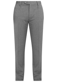 Pantalon gris en tissu texturé, coupe droite, avec deux poches avant et une fermeture à bouton unique à la taille.