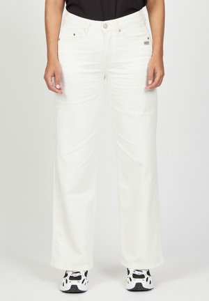 White wide-leg jeans made of denim, featuring a classic button and zipper closure, front pockets, and minimal stitching details.