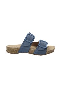 Niebieskie skórzane klapki z dwoma regulowanymi klamrami, korkową wkładką i teksturowaną brązową gumową podeszwą. Płaski design, otwarty przód.