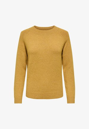 Senapsgul stickad tröja, rund hals, lång ärm, ribbade manschetter och avslut, texturerad yta, normal passform, utan utsmyckningar.