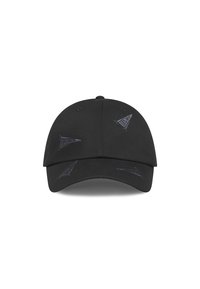 Schwarze Kappe mit verstellbarem Riemen, die tonal gestickte dreieckige Logos auf der Vorder- und Seitenfläche aufweist. Hergestellt aus strapazierfähigem Stoff.