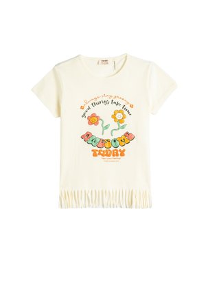 Camiseta para niños de color crema con mangas cortas, dos flores sonrientes y texto colorido que dice «Always stay groovy, good things take time, passion today» y dobladillo con flecos.