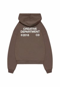 Brown hoodie with a kangaroo pocket and a hood. Features large white text reading "CREATIVE DEPARTMENT" with the year "2018" and initials "CD" on the back.