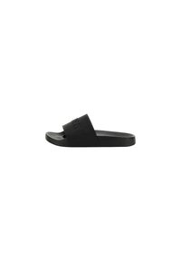 Infradito neri con una fascia ampia con marchio impresso, suola piatta e texture liscia. Progettati per un uso casual.