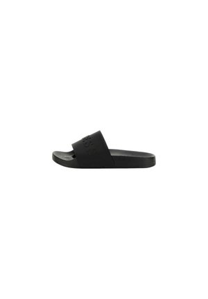 Infradito neri con una fascia ampia con marchio impresso, suola piatta e texture liscia. Progettati per un uso casual.