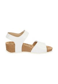 Sandali wedge bianchi con soletta in sughero, dotati di una fascia regolabile, design aperto sulla punta e suola in gomma testurizzata.