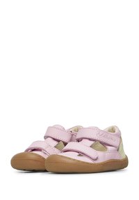 Pink leather shoes with a breathable design, featuring adjustable Velcro straps and a rubber sole for traction.