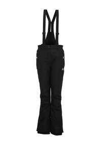 Pantalons de neige imperméables noirs avec bretelles ajustables, deux poches latérales et une coupe fuselée. Présente un accent de logo sur le devant.