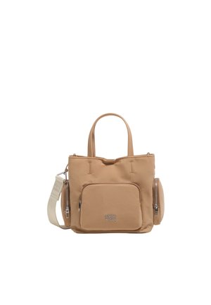 Bolso tote color marrón claro con dos asas, bolsillo frontal con cremallera, compartimentos laterales con cremallera y correa blanca para el hombro desmontable, de la marca "Bimba Y Lola".