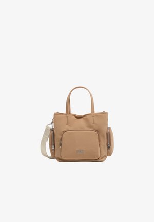 Bolso tote color marrón claro con dos asas, bolsillo frontal con cremallera, compartimentos laterales con cremallera y correa blanca para el hombro desmontable, de la marca "Bimba Y Lola".