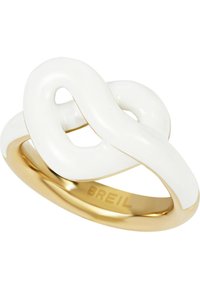 Goldfarbener Ring mit einem gedrehten Design und einer weißen Emaille-Oberfläche. Glatte Textur mit polierter Oberfläche und geprägtem Branding.