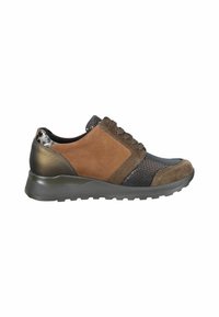 Brown and black sneaker with a mix of suede and fabric, textured accents, rounded toe, and a durable rubber sole with slight elevation.