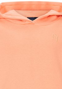 Felpa color pesca con un piccolo logo ricamato "RJ" sulla parte superiore del petto, che mostra il rivestimento interno del cappuccio e il colletto.