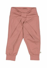 Pink cotton blend pants with a knotted waistband, tapered legs, and ribbed cuffs. Features a small tag at the hem.