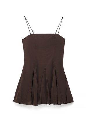 Brown sleeveless dress with a fitted bodice and pleated A-line skirt. Features thin adjustable straps and smooth fabric texture.