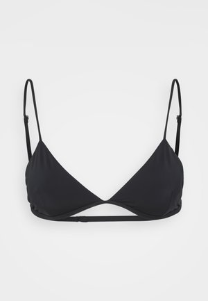 Black triangle bikini top with adjustable straps, a smooth fabric texture, and a crossover front design. Minimalist in style, no embellishments.