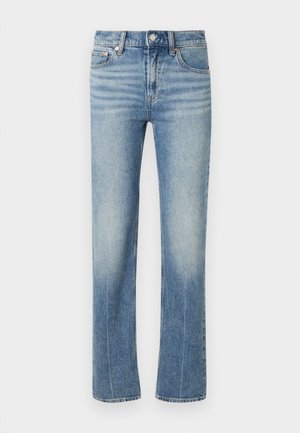 Jean denim bleu à jambes droites avec poches avant, fermeture par bouton, et détails subtils de décoloration sur les cuisses et les genoux.