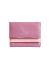 Portafoglio in pelle rosa con una fascia di accentuazione rosa chiaro, caratterizzato da un design pieghevole e logo del marchio impresso sul davanti.