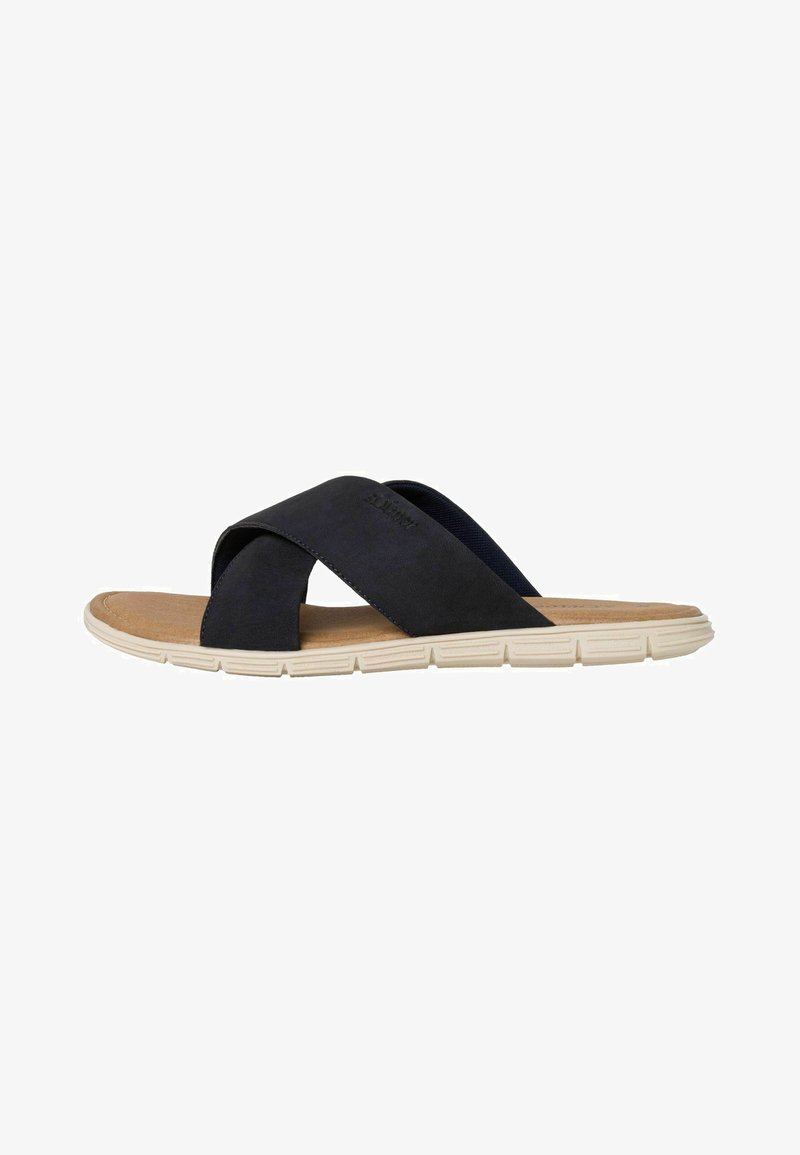 Sandales glissantes bleu marine foncé avec des brides entrecroisées, en matériau doux semblable à du daim, et une semelle coussinée beige clair avec des rainures horizontales.