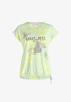 Lys grøn kortærmet skjorte med gul blomsterprint, tiger-grafik og teksten "Girls just want Havi sun" på forsiden.