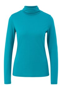 Turkusowa bluzka z długim rękawem i golfem, wykonana z miękkiego materiału, z dopasowanym krojem i delikatnie zwiniętym kołnierzem. Brak widocznych wzorów lub akcentów.