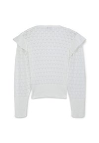 Weißer, gestrickter Pullover mit einem strukturierten Muster, Rüschendetails an den Schultern und langen Ärmeln. Rippbündchen und Saum.