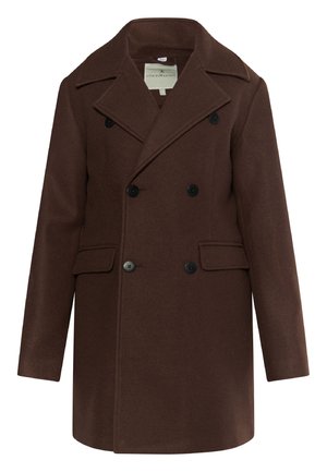 Bruine dubbelzijdige jas van gestructureerde stof, met een pieklapel, twee voorzakken en zwarte knopen.