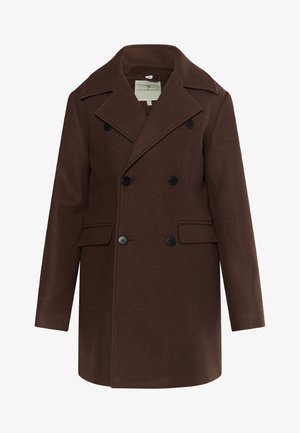 Abrigo marrón de doble botonadura hecho de tela texturizada, con solapa pico, dos bolsillos frontales y botones negros.