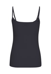 Svart ärmlös linne med tunna axelband, gjort av ett slätt tyg, med en figurnära design och en rak nederkant.