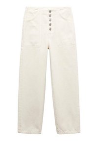 Jeans blancos de talle alto con pierna amplia, que cuentan con cinco botones frontales, dos bolsillos laterales y una textura suave.