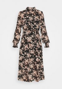 Czarna sukienka z długim rękawem w kwiatowy wzór w odcieniach różu i kremu, z kołnierzykiem zapinanym na guziki oraz wiązaniem w pasie. Wykonana z lekkiej tkaniny.