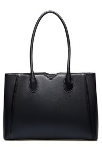Black leather tote bag with a textured finish, flat base, and two long handles. Seam detailing and a triangular accent at the top.